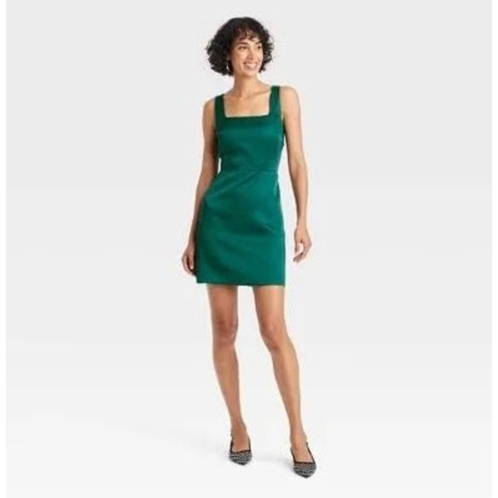 A New Day Mini Dress Womens Large Green Excellent Square Neck Sleeveless Satin